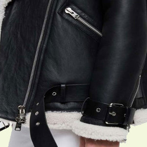 Women's Black Leather Shearling Biker Jacket