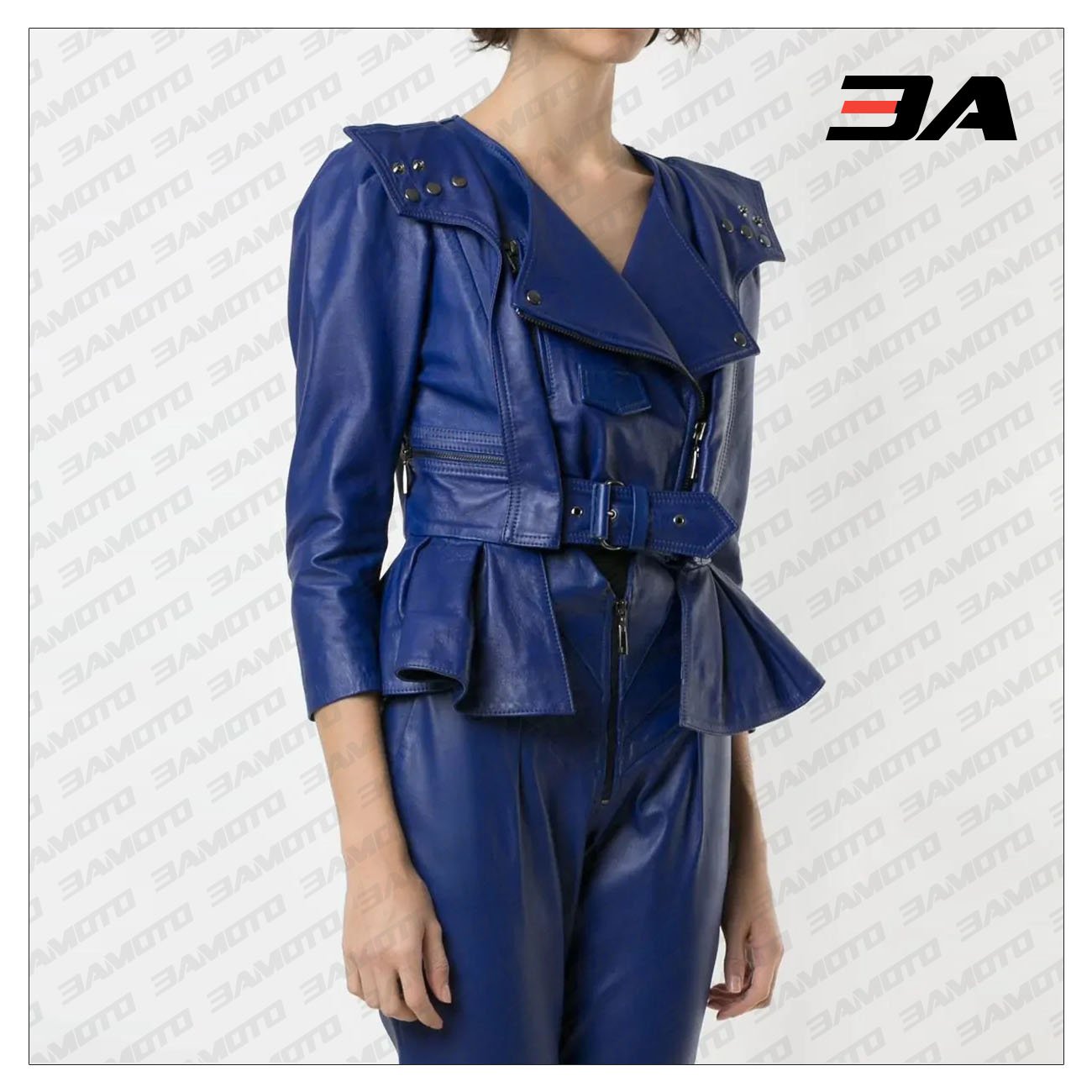 Blue Cropped Leather Peplum Biker Jacket - 3A MOTO LEATHER