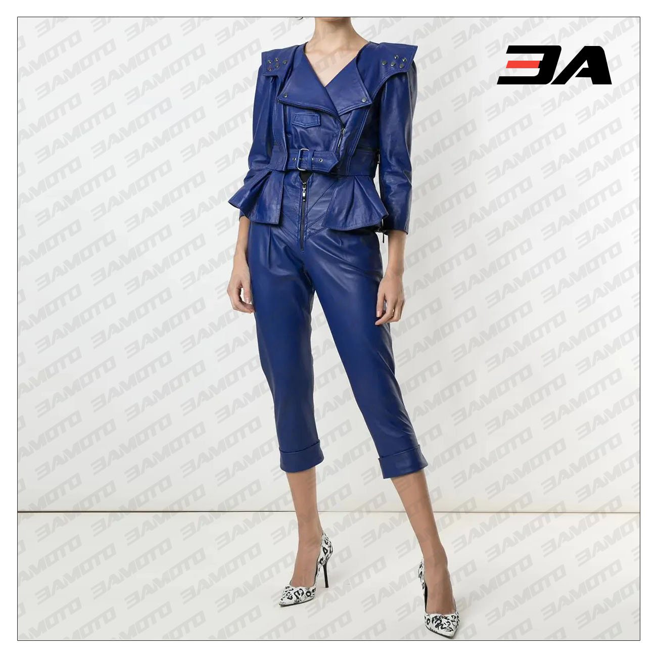 Blue Cropped Leather Peplum Biker Jacket - 3A MOTO LEATHER