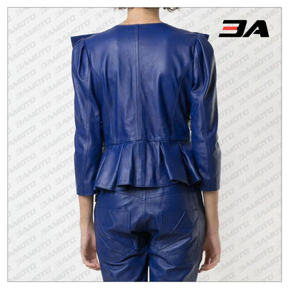 Blue Cropped Leather Peplum Biker Jacket - 3A MOTO LEATHER