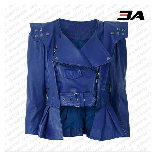 Blue Cropped Leather Peplum Biker Jacket - 3A MOTO LEATHER - Fashion Leather Jackets USA - 3AMOTO