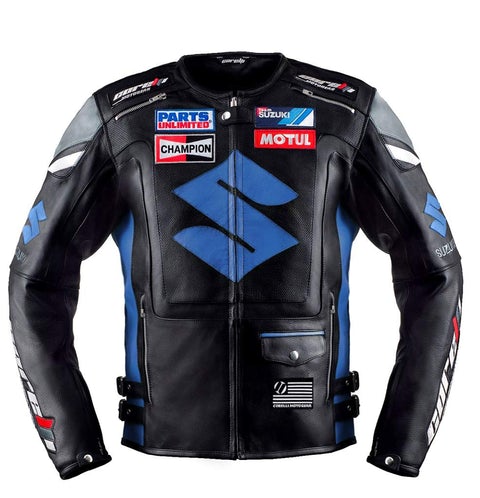 Blue Suzuki Motul Motorcycle Leather Racing Jacket - Fashion Leather Jackets USA - 3AMOTO