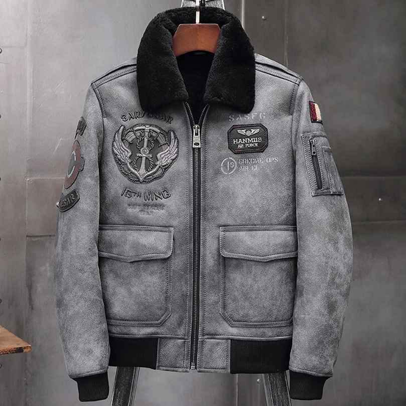 Mens Grey RAF B3 Flight Bomber Retro Aviator Leather Jacket