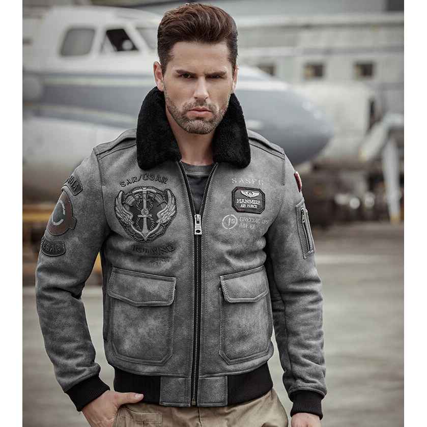 Mens Grey RAF B3 Flight Bomber Retro Aviator Leather Jacket