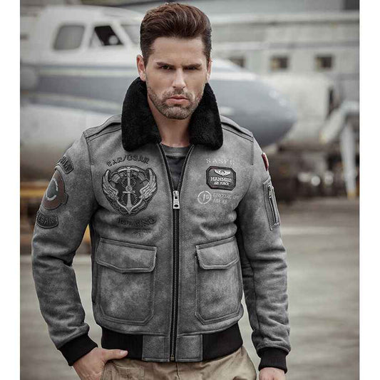 Mens Grey RAF B3 Flight Bomber Retro Aviator Leather Jacket - Fashion Leather Jackets USA - 3AMOTO