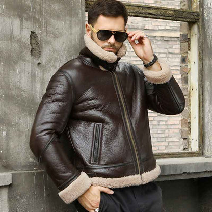 Men's Shearling Sheepskin Leather Coat B3 Bomber Retro Aviator Jacket