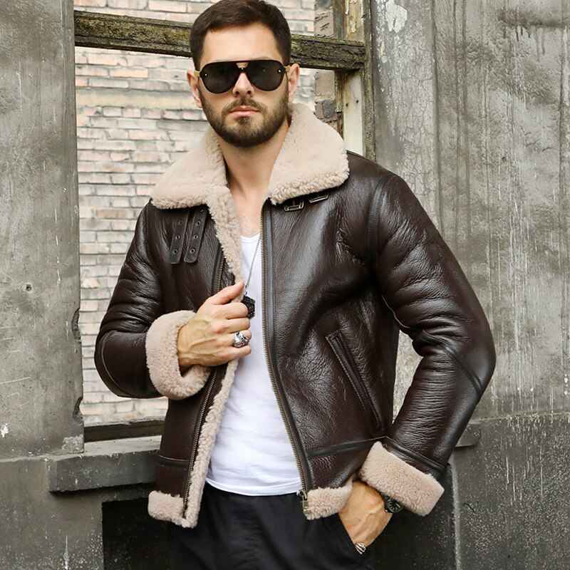 Men's Shearling Sheepskin Leather Coat B3 Bomber Retro Aviator Jacket