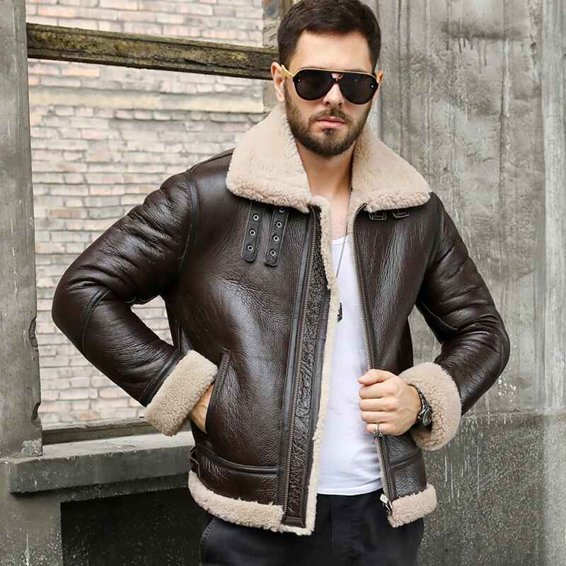 Men's Shearling Sheepskin Leather Coat B3 Bomber Retro Aviator Jacket