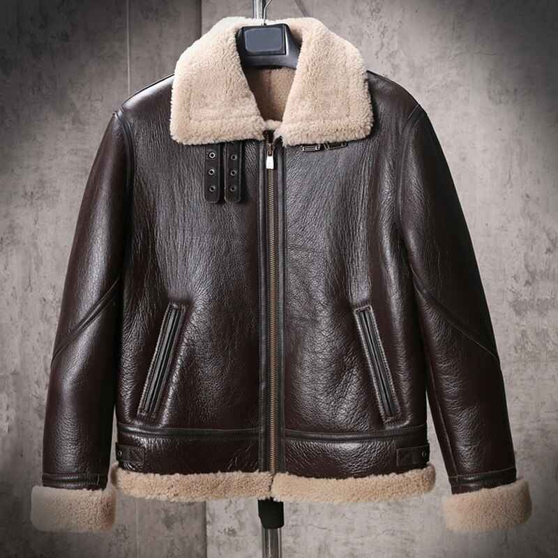 Men's Shearling Sheepskin Leather Coat B3 Bomber Retro Aviator Jacket