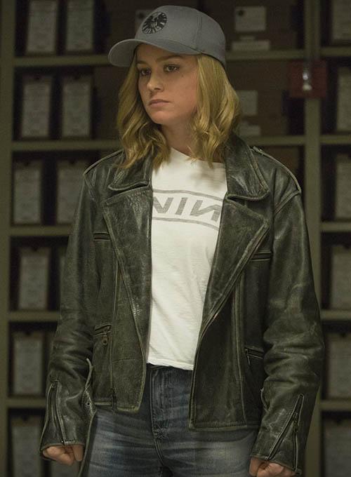 Brie Larson wearing Captain Marvel leather jacket