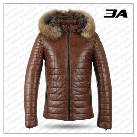 Men Brown Winter Warm Zipper Padded Down Jacket - Fashion Leather Jackets USA - 3AMOTO