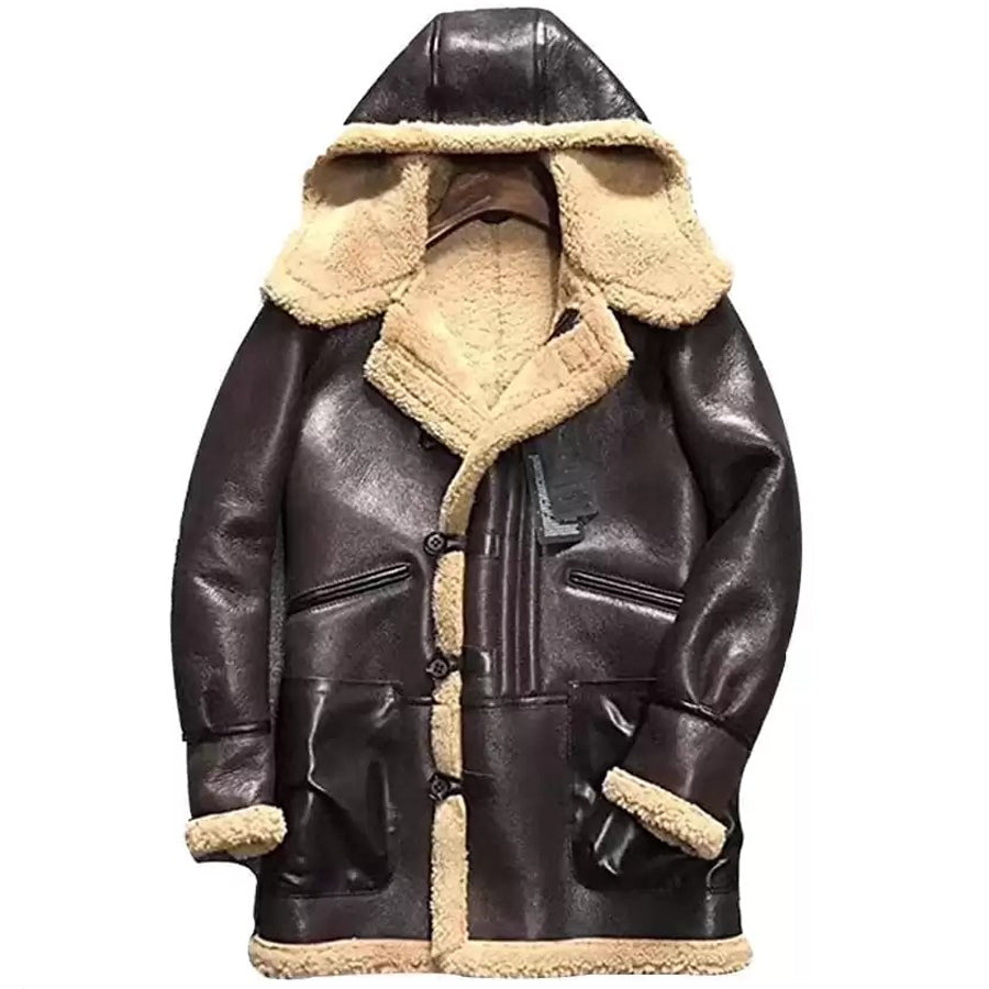 brown genuine shearling coats hooded personality leather jacket