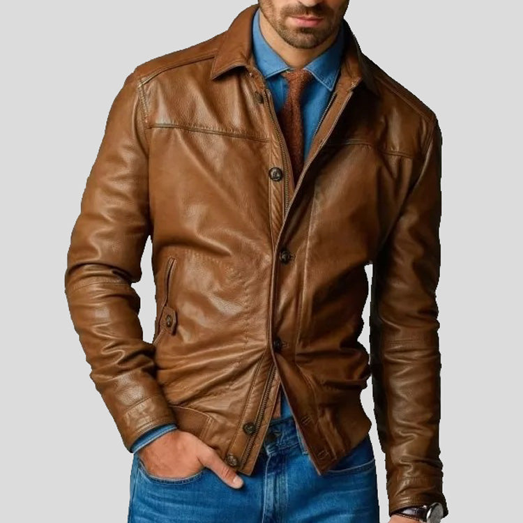 Mens Brown Bomber Leather Jacket by USA Jacket