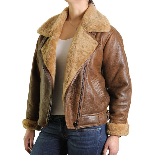 Brown Leather Sheepskin Shearling Jacket Womens - Fashion Leather Jackets USA - 3AMOTO