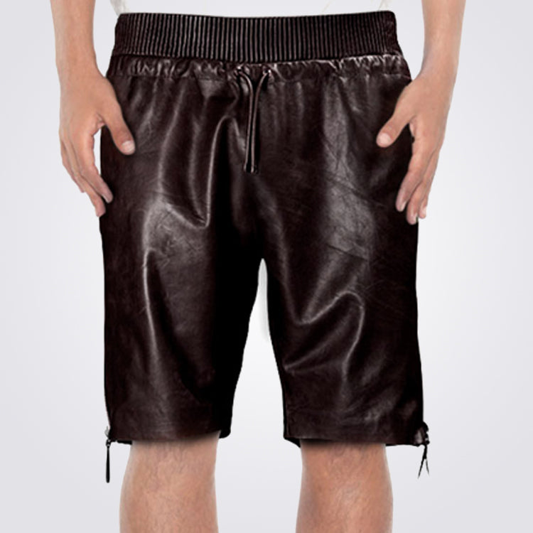 Brown Leather Shorts For Men With Side Zipper