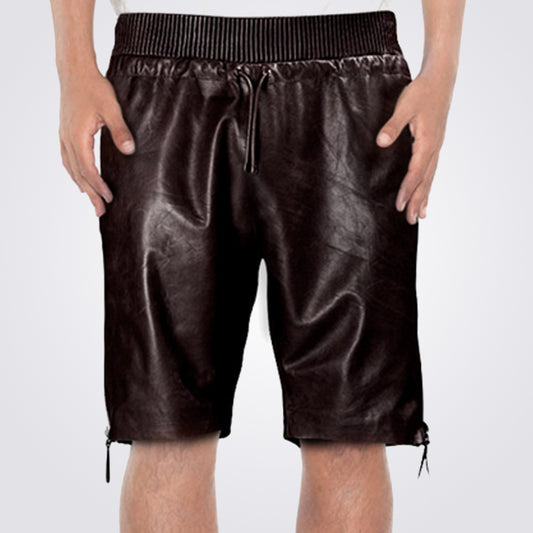 Brown Leather Shorts For Men With Side Zipper - 3amoto shop