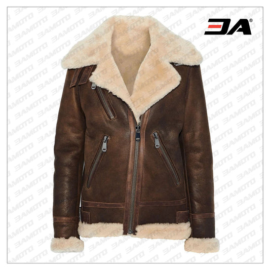 Brown Leather Trimmed Shearling Fur Biker Jacket - 3amoto shop