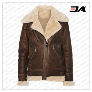 Brown Leather Trimmed Shearling Fur Biker Jacket