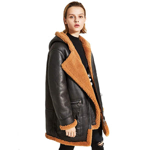 Womens Warm Hooded Sheepskin Shearling Jacket Coat
