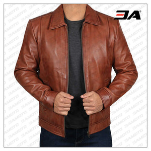 Mens Reeves Casual Stylish Brown Fitted Biker Leather Jacket