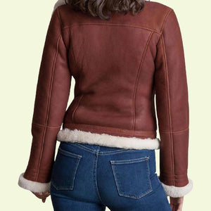 brown leather shearling jacket for womens