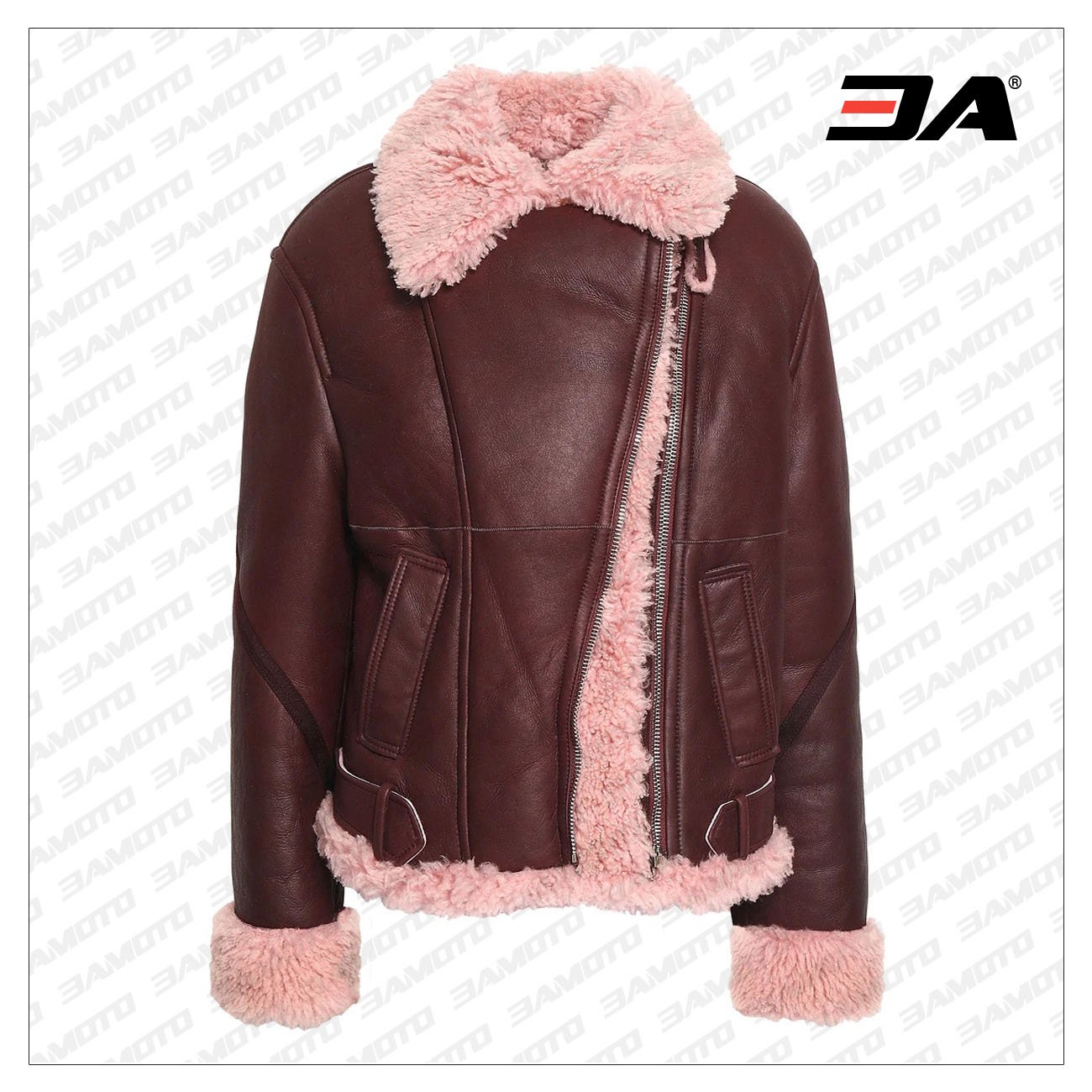 Burgundy Shearling Lined Leather Fur Jacket