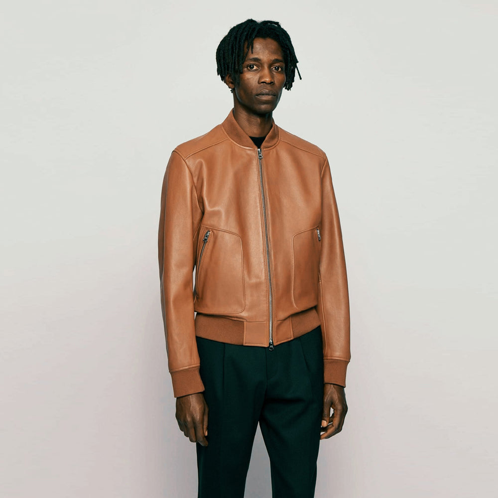 Men’s Tan Brown Leather Bomber Jacket, classic and versatile design for men.