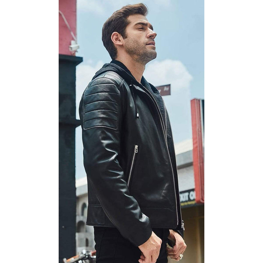 Buy Mens Black Leather Removable Hood Biker Jacket