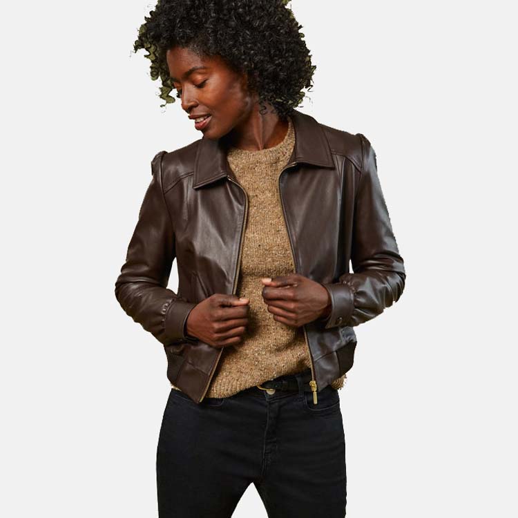 Buy New Women's Chocolate Brown Leather Bomber Jacket at Best Price