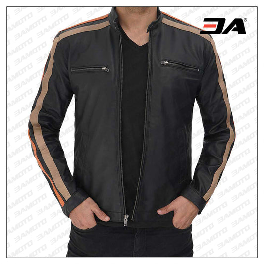 Harland Stripe Black Leather Cafe Racer Style Jacket - Fashion Leather Jackets USA - 3AMOTO