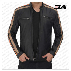 Harland Stripe Black Leather Cafe Racer Style Jacket