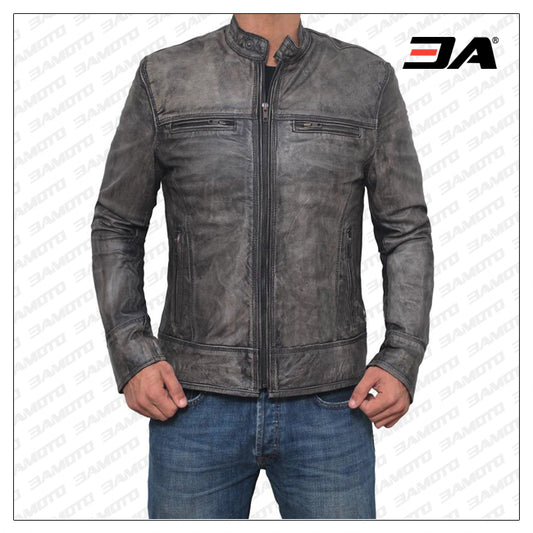 Garcia Distressed Dark Grey Casual Biker Slim Leather Jacket - Fashion Leather Jackets USA - 3AMOTO
