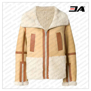 Camel Brown Oversized Zipped Aviator Fur Leather jacket