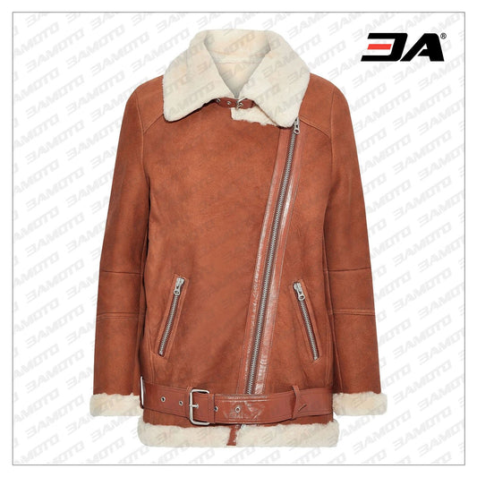 Camel Shearling Fur Leather Coat - 3amoto shop