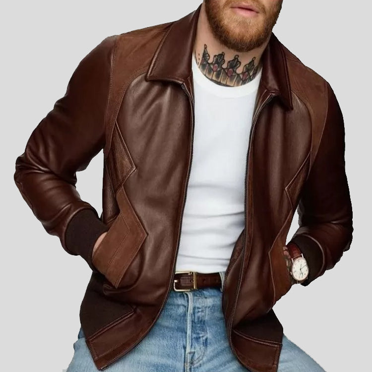 Celebrity Style Pure Brown Leather Bomber Jacket for Men