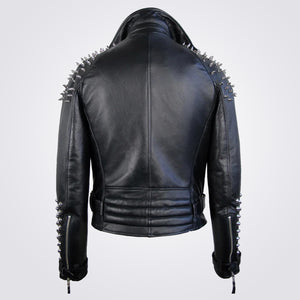 Classic Black Leather Jacket With Half Spikes For Men