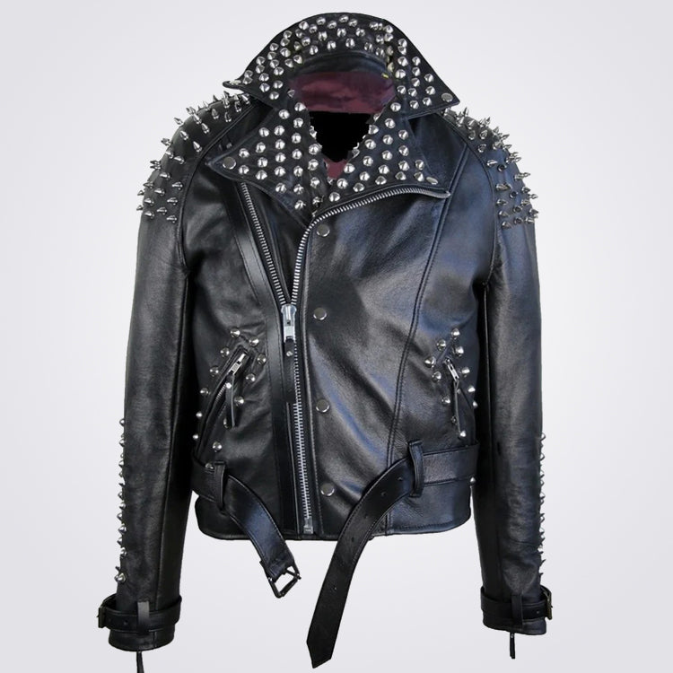 Classic Black Leather Jacket With Half Spikes For Men