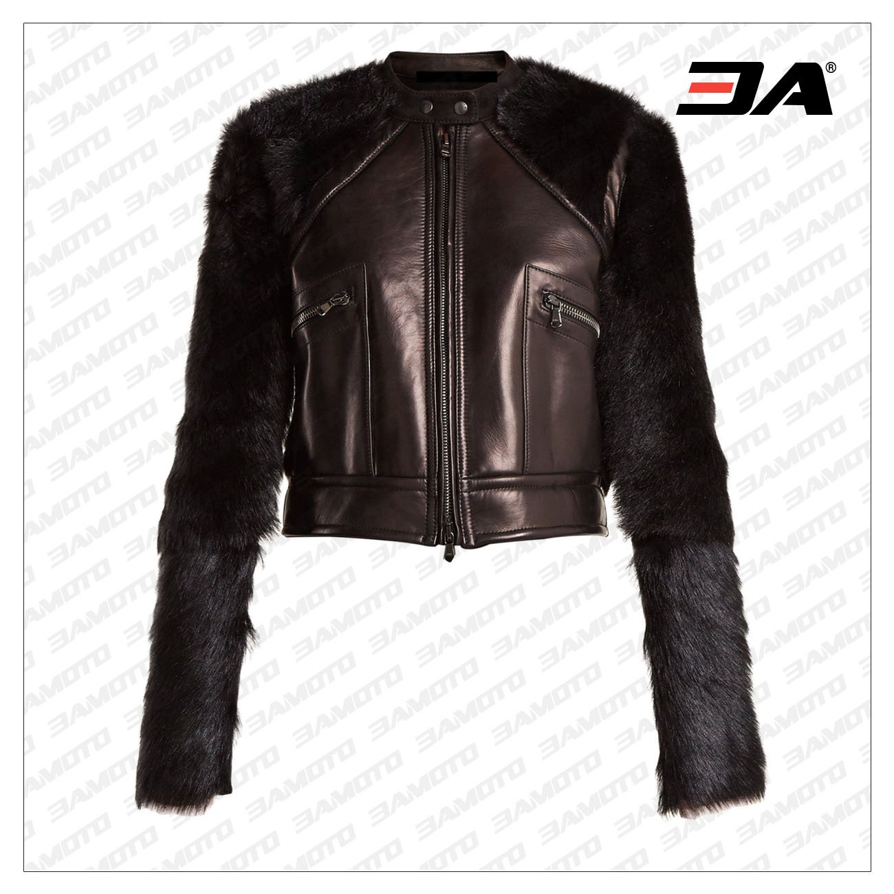 Contrast-Sleeve Leather & Shearling Biker Jacket