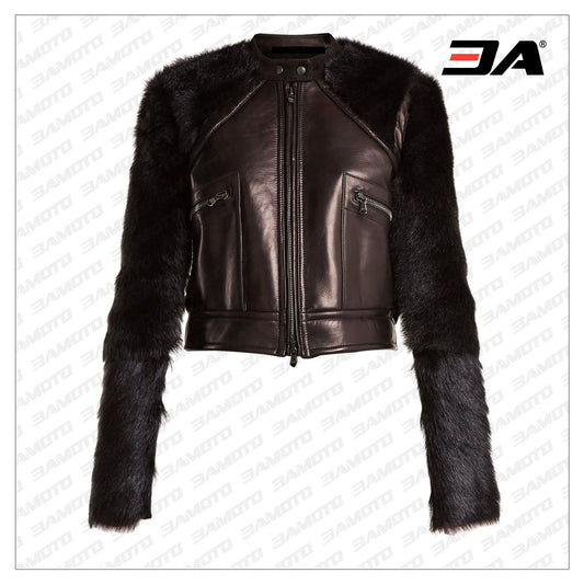 Contrast-Sleeve Leather & Shearling Biker Jacket - Fashion Leather Jackets USA - 3AMOTO