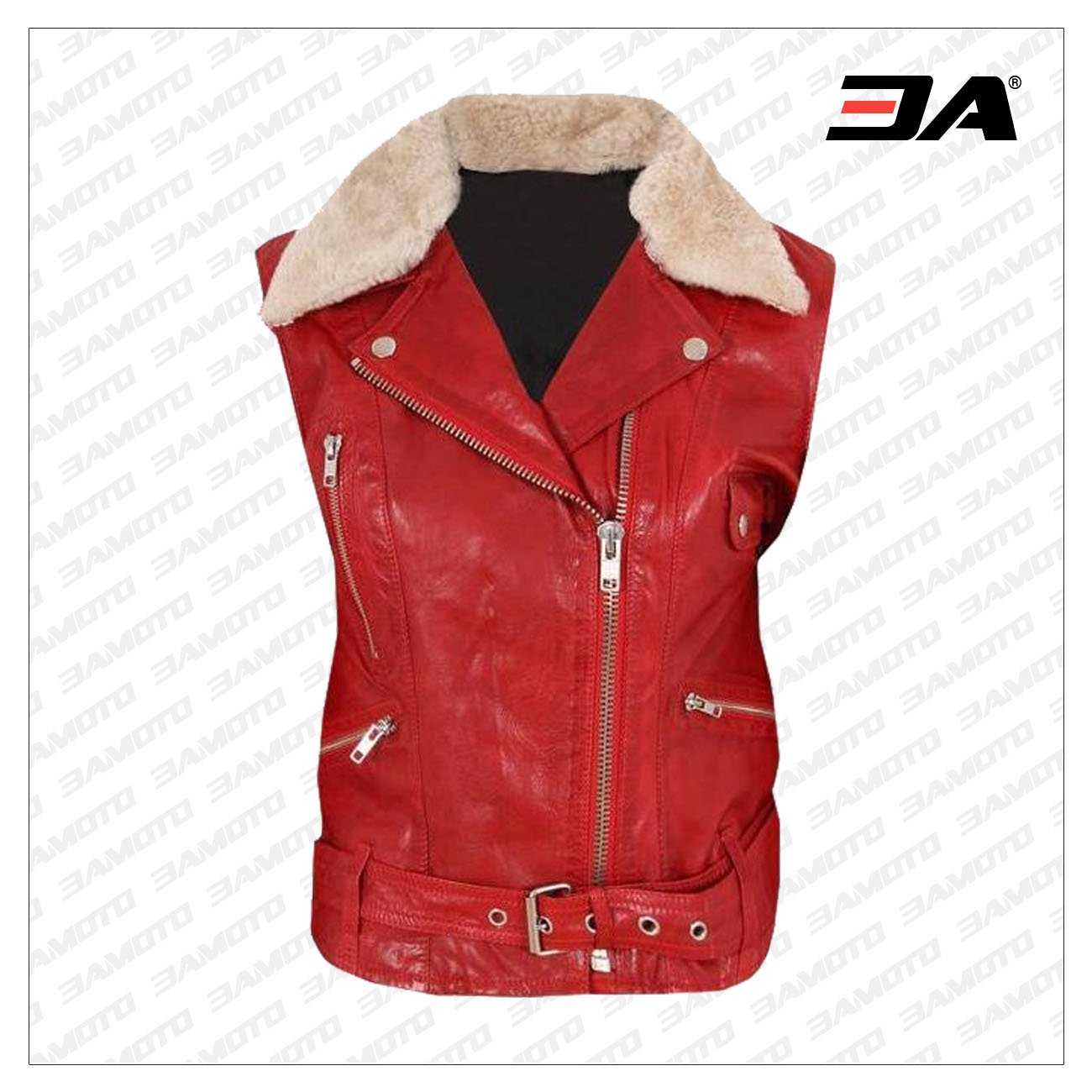 Contrast White Fur Collar Biker Leather Vest