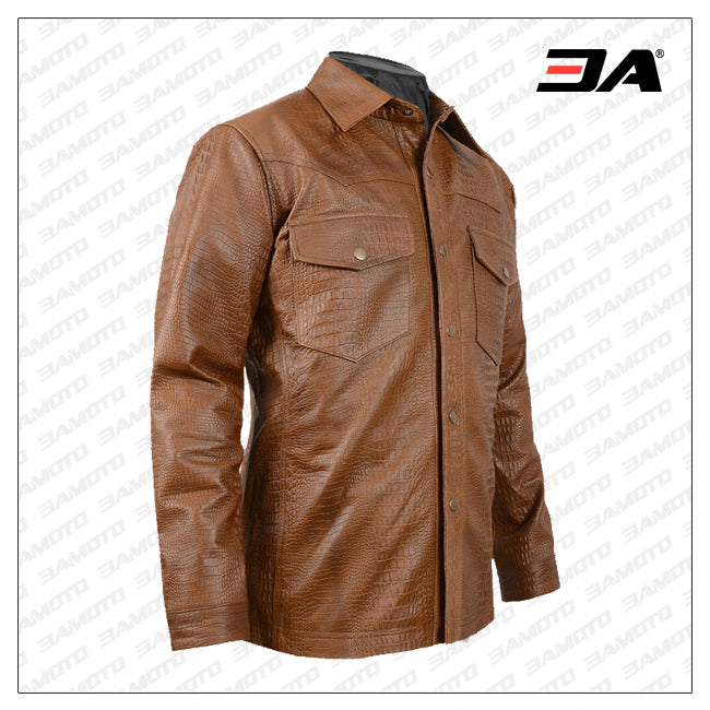 Brown Leather Shirt Jacket