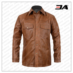 Crocodile Brown V-Tab Leather Shirt Jacket