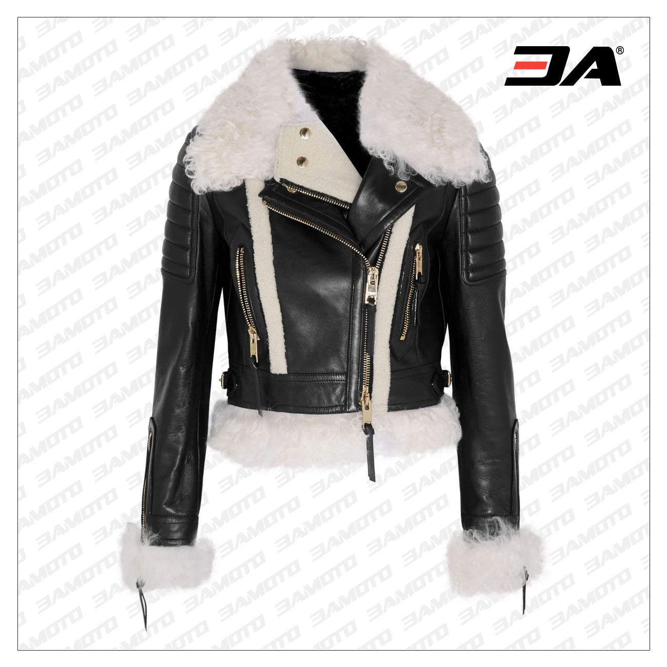 Cropped Shearling Trimmed Leather Biker Jacket