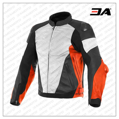 Custom White Black and Orange Motorcycle Leather Jacket