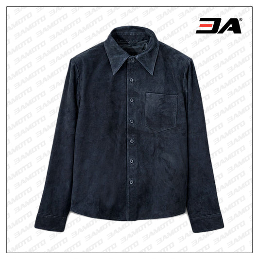 Dark Blue Suede Classic Leather Shirt Online - 3amoto shop