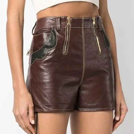 Dark Brown High Waisted Leather Short For Women - Fashion Leather Jackets USA - 3AMOTO