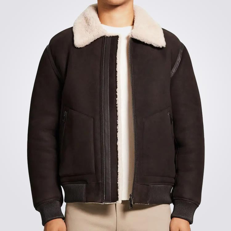 Dark Brown Shearling Lined Bomber Jacket For Men