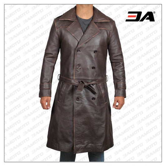 Mens Rorschach Distressed Brown Travelling Winter Long Trench Leather Coat - Fashion Leather Jackets USA - 3AMOTO