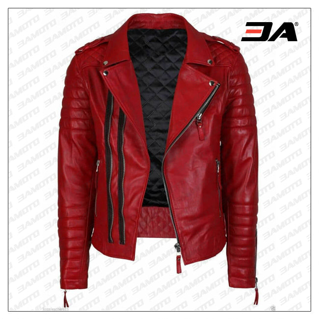 Double Breasted Mens Red Leather Biker Jacket