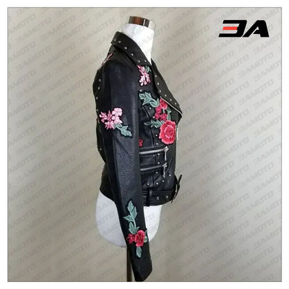 Embellished Silver Studded Embroidered Leather Jacket - 3A MOTO LEATHER